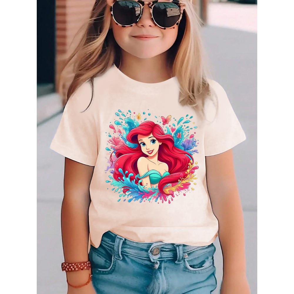 Girl Ariel Little Mermaid T-shirt Foam Print, Casual Summer Short Sleeve Round Neck Top Suitable for the Beach