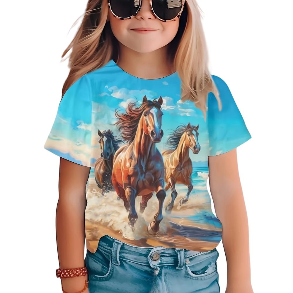 Fashion Girl Horse T-shirt Animal 3D Printing T-shirt Girl Summer Outfit Short Sleeved Top T-shirt Cute Girl Clothing