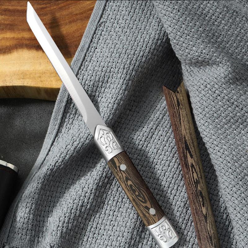 1 buc. Cuțit drept mic portabil de camping în aer liber, cuțit de fructe din oțel inoxidabil cu duritate ridicată, mâner din lemn imitație.