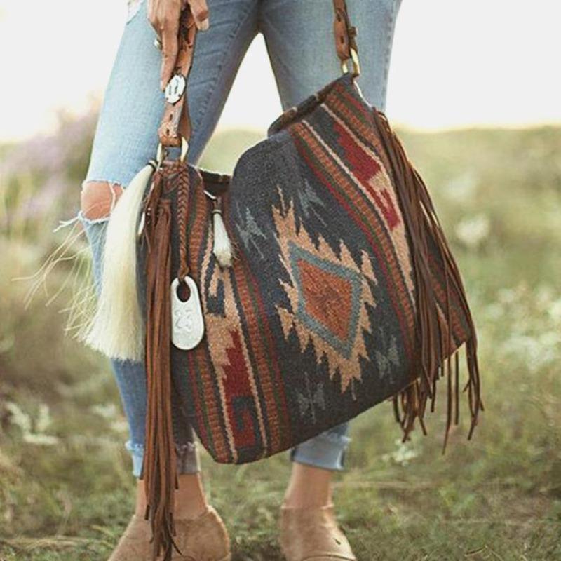 European and American Retro Bohemian Handmade Woven Flowing Silk Cotton and Linen Single Shoulder Large Bag for Women