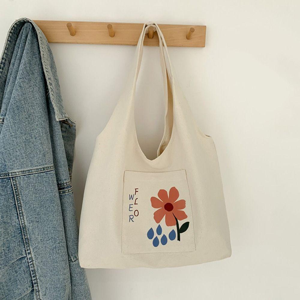 Korean Style Canvas Shoulder Bag Large Capacity Women's Armpit Bag Cute Flower Tote Bag Girls