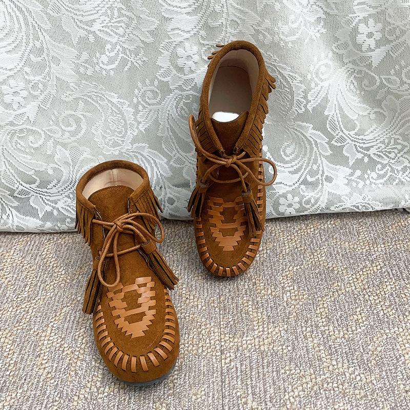 High-end Autumn and Winter New Martin Boots Round Head Retro Flat Bottom Strap Low Tube Versatile Breathable Soft Bottom Fringed Boots