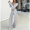 Solid Fleece Laced Long Sleeve Top High Waist Straight Casual Two Piece Set For Women