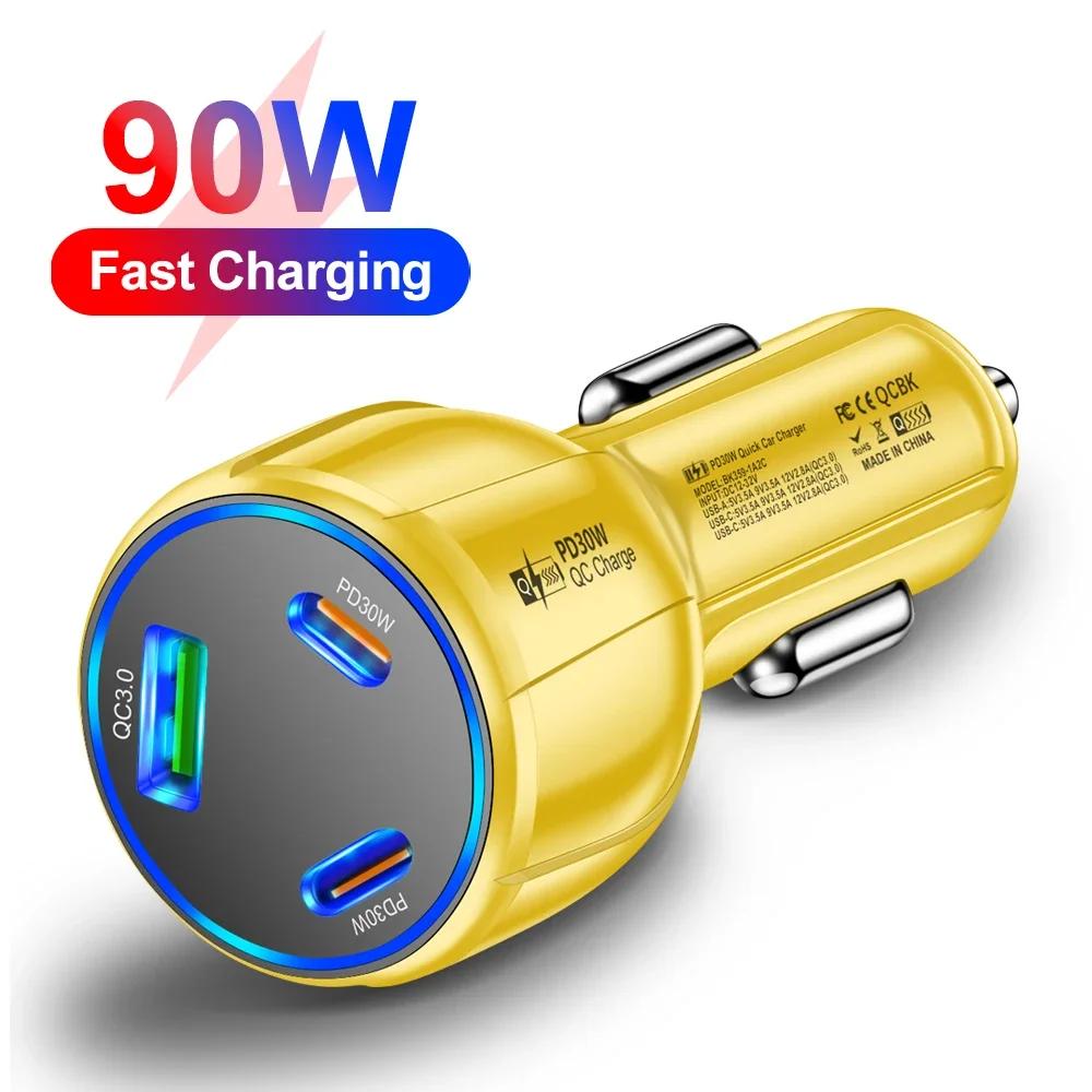 Car Charger 90W 3-in-1 QC3.0 PD Type C USB Moblie Phone Fast Charging for IPhone Xiaomi Samsung Car Quick Charger Adapter Tools
