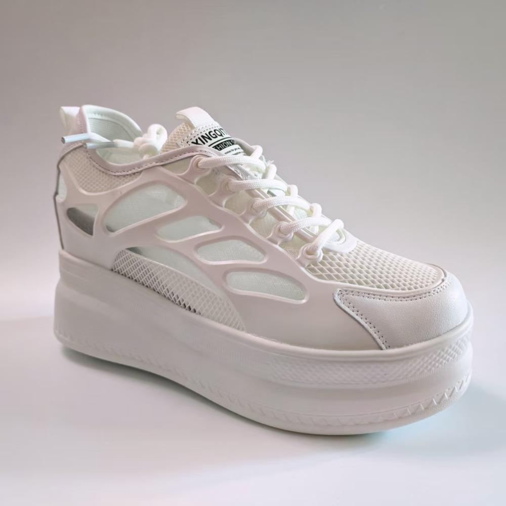 9cm Height Increasing Shoes Women Platform Sneakers Genuine Leather White Shoes Breathable Mesh Ladies Casual Shoes