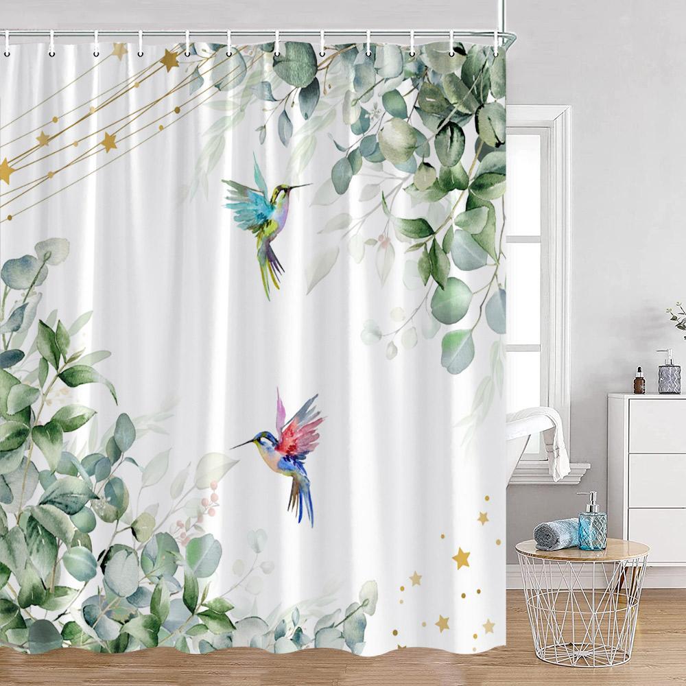 Cute Bird Plant Shower Curtain Hummingbird Pink Flower Green Leaves Nature Floral Bathroom Decor Polyester Bath Curtain