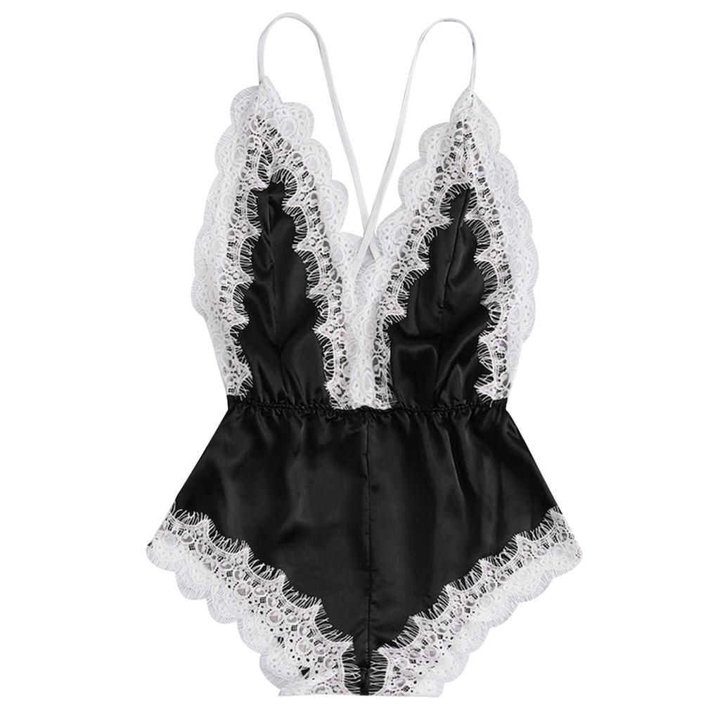 Fashion  Women Sexy Lingerie Girl V-neck Lace Splice Bodysuit Sleepwear 