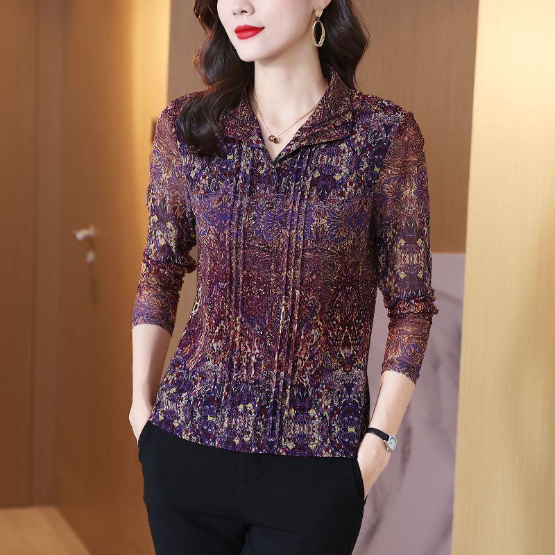 Gázová košile Dámská Jaro Podzim Elegantní Móda Slim Fit Univerzální Blůza Potisk Knoflíky Výstřih do V Dlouhý Rukáv Topy Dámské Volné Univerzální Dámské Oblečení