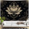 Spiritual Lotus Tapestry, Black Background with Light Beige Floral Details, Wall Decor for Bedroom, Calming Bohemian Aesthetic
