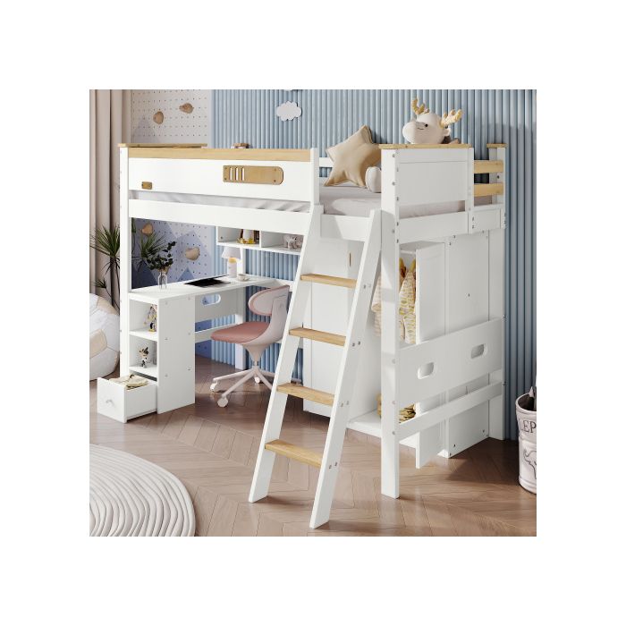 Pat supraetajat - 90x200cm - Alb + culori naturale - Cu bariere de siguranță - Masă și dulap integrate