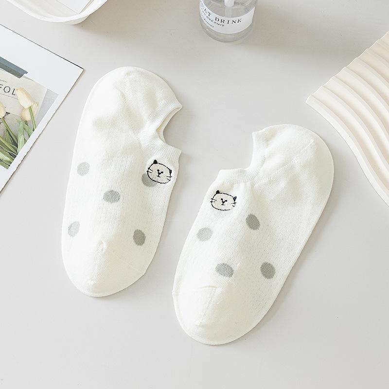 Women's Summer Thin Polka Dot Embroidered Kittens with Shallow Mouth Non Slip Invisible Boneless Boat Socks