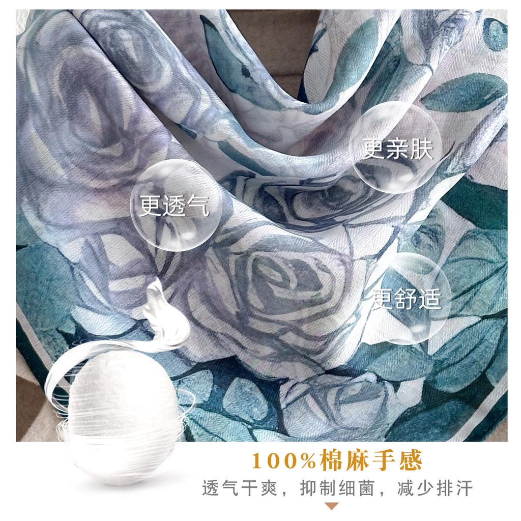 Chinese Wind Green Rose Cotton and Linen Silk Scarf Small Square Scarf Women's New Spring and Summer Popular Scarf Yarn Scarf Thin
