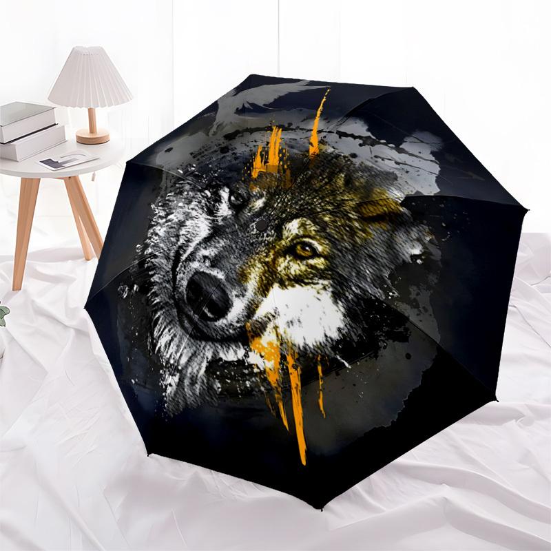 1pc Wolf Fashionable Automatic Opening/Closing Folding Umbrella with 8 Bones, Windproof Portable, Daily Use010