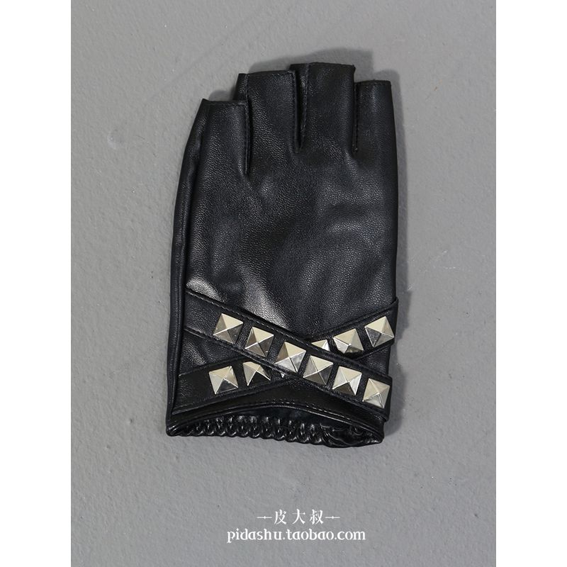 

European and American Cyberpunk Rivet Half Finger Leather Gloves Gyaru Functional JK Open Finger Army Lo Kuge Special Couple Black/Left hand single One size