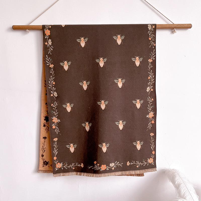 

New Brand Little Bee Flowers Scarf for Women Warmer Winter Pashmina Print Scarves Shawls Female Thick Blanket Wraps Foulard коричневий