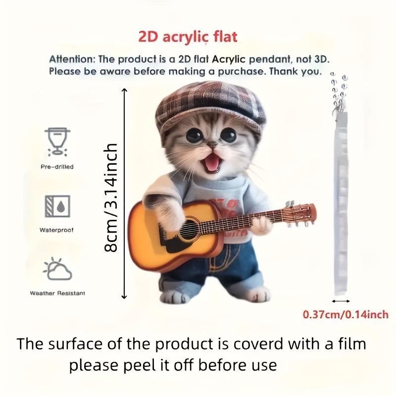 Charmantes flaches 2D-Ornament aus Acryl in Form einer Gitarre und einer Katze im Autospiegel – Dekoration für Zuhause und das Fahrzeug, Anhänger für die Schultasche