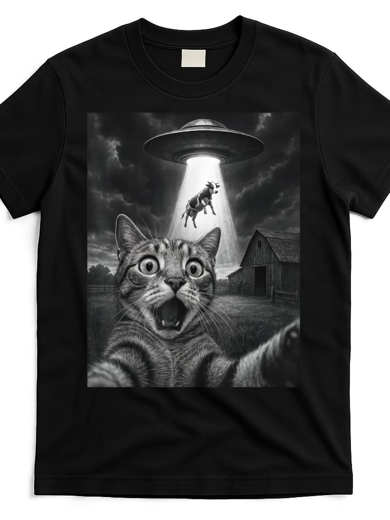 Cat Selfie with Alien and Cow Humorous Cat UFO Street Style Womens Tshirt Round Neck Same Sex Design and Sleeve Mens Tshirt S