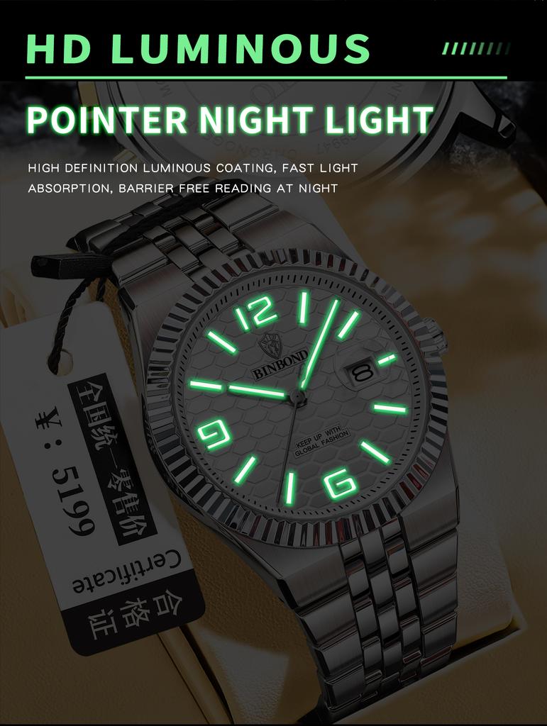 BINBOND New 8181 Luxury Fashion Men's Quartz Watch, Sports Waterproof Night Light Calendar, Business Men's Quartz Watch