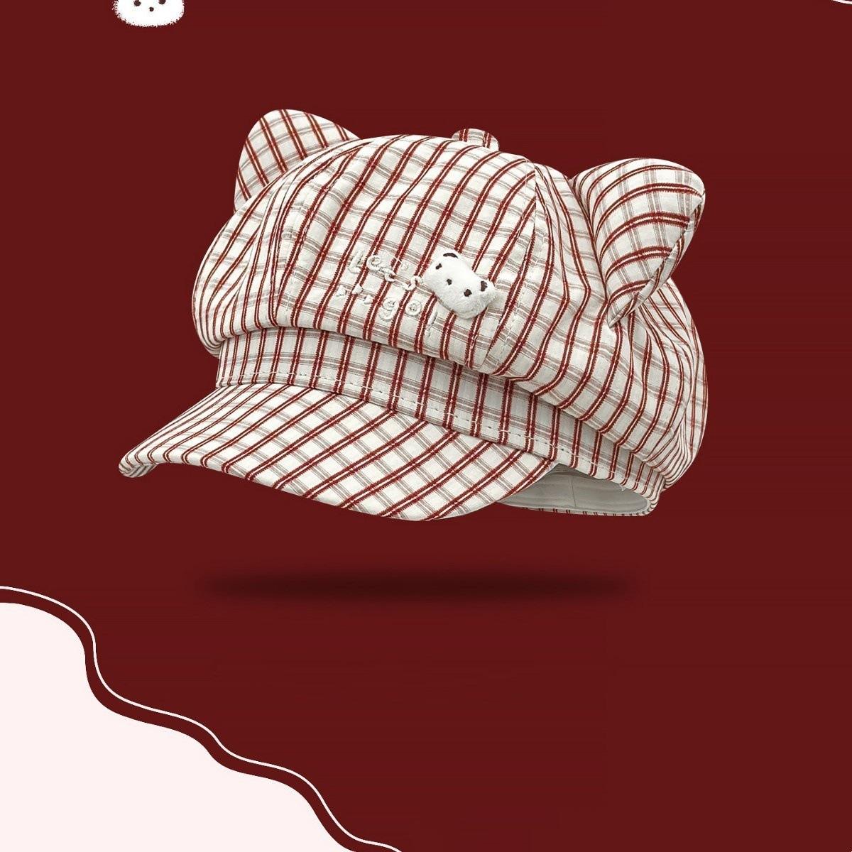 

Cute Bear Plaid Ear Octagonal Hat Women Spring Summer Thin Sweet Face Slimming Beret Hat Blue 56-58cm красный