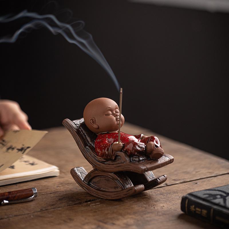 Charming Zen Buddha Tea Pet Ornament with Rocking Chair Incense Burner for Tea Table Accessories