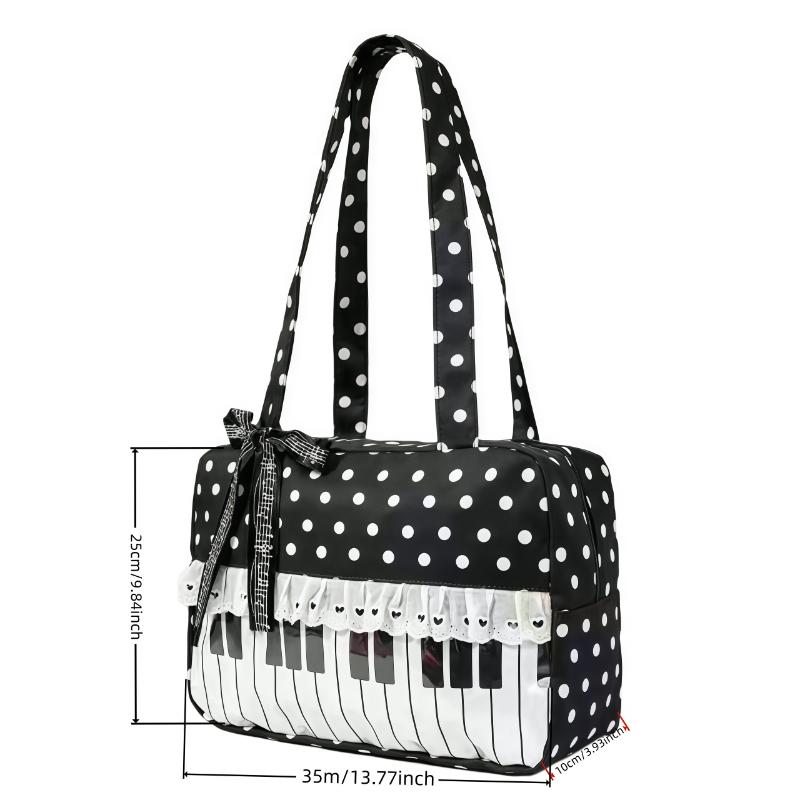 Black Polka Dot Handbag Women Piano Design Shoulder Bag Lace Trim Butterfly Ribbon Underarm Bag Fashion Musical Note Tote Bag
