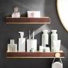 30-50cm Brushed Gold Bathroom Corner Shelf Wall-mounted Shower Room Toilet Walnut Wood Cosmetic Storage Rack with Hook Rod