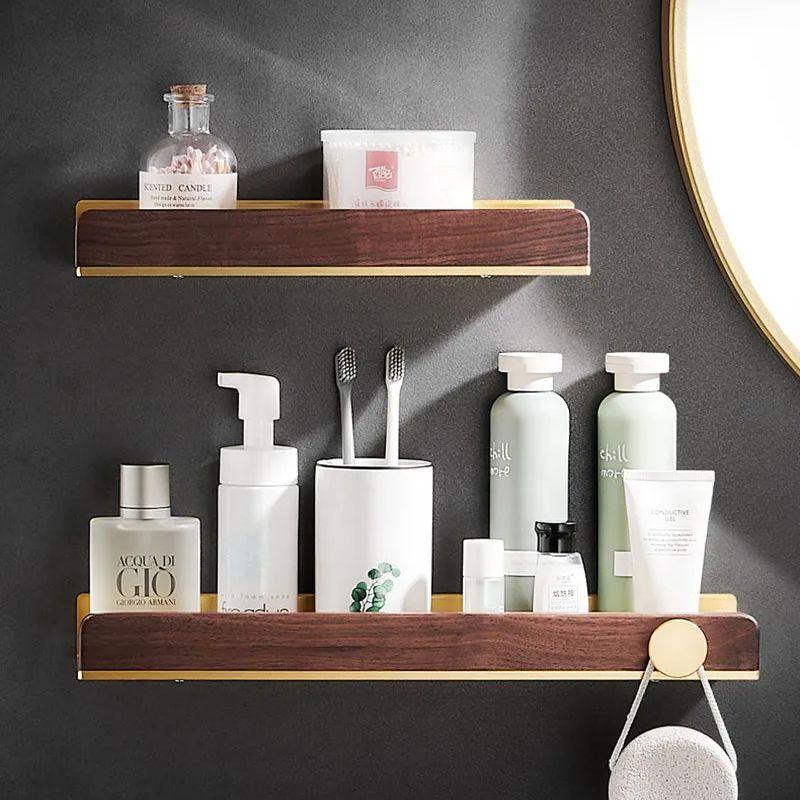 30-50cm Brushed Gold Bathroom Corner Shelf Wall-mounted Shower Room Toilet Walnut Wood Cosmetic Storage Rack with Hook Rod
