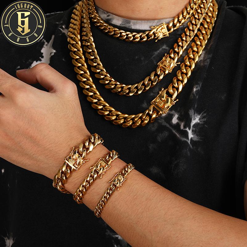 Factory Hip Hop Jewelry Men 8-14mm 18K Gold Plated Stainless Steel Miami Cuban Link Chain Luxury Necklace