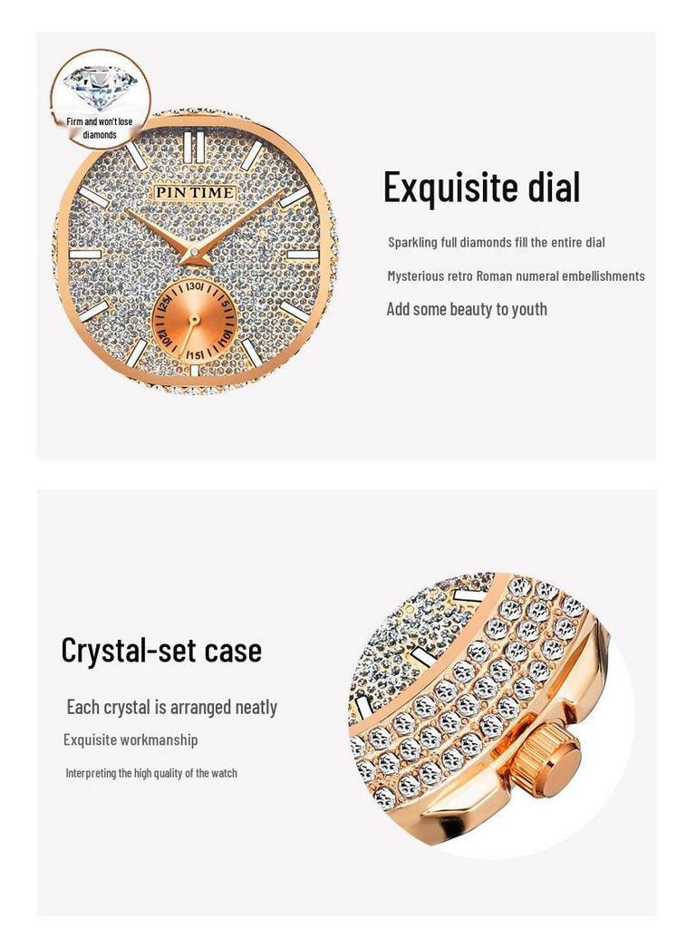 Pinshi Women's High-End Luxury Quartz Watch with Full Diamond Design, Waterproof for Women