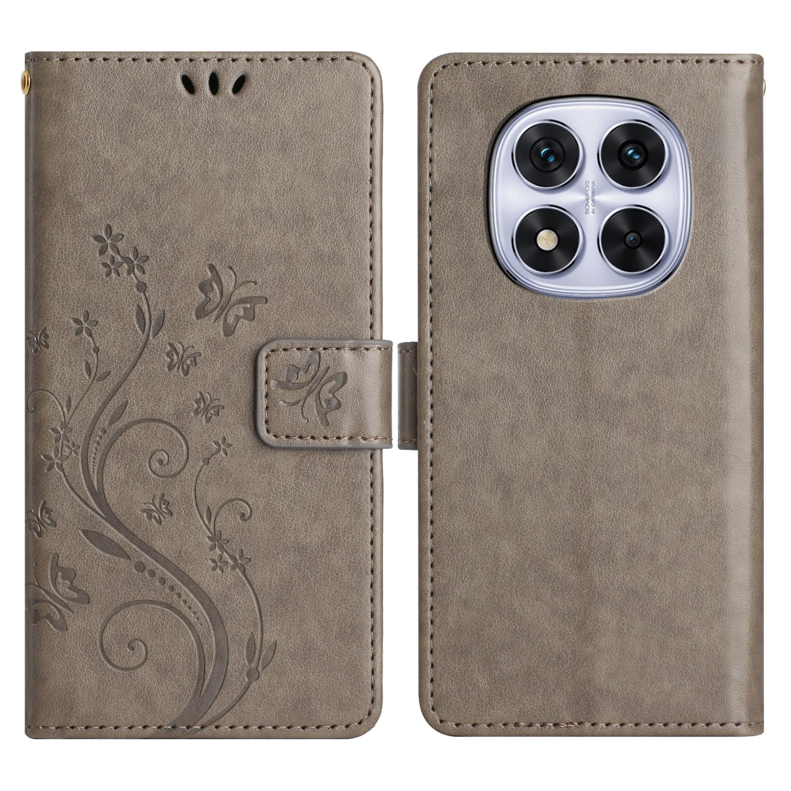 

For Xiaomi Redmi Note 14 Pro 5G/Poco X7 5G Leather Wallet Case Butterfly Flower Imprinted Phone Cover with Strap Grey