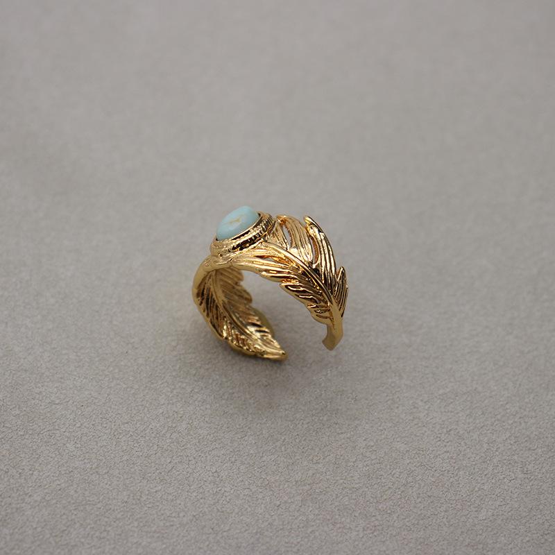 Turquoise Feather Jewelry Set: 18K Gold-Plated Adjustable Ring & C-Shaped Earrings. Elegant Niche EU/US Design.