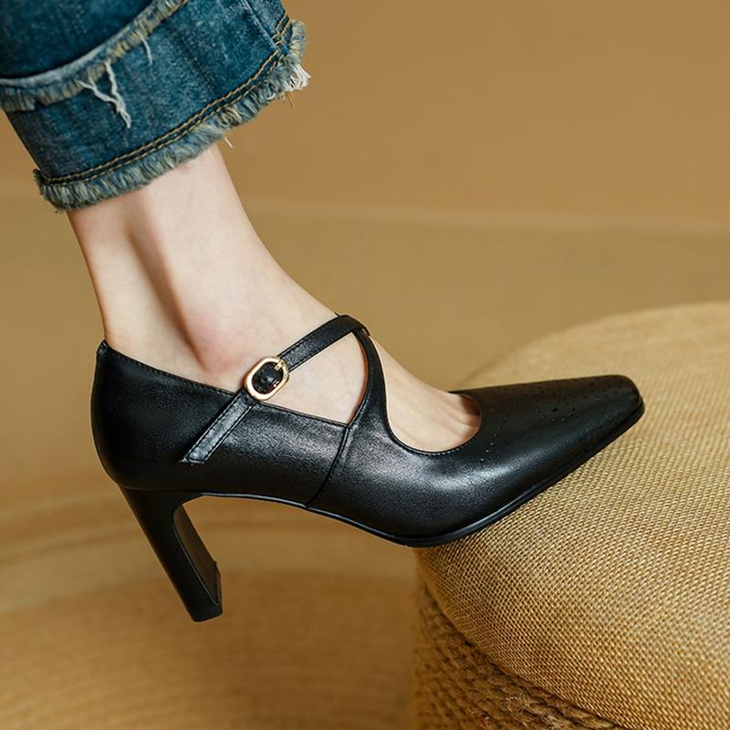 Fashion NEW Spring/Autumn Women Pumps Square Toe High Heel Shoes Genuine Leather Shoes for Women Concise Cross-tie Buckle Strap Shoes