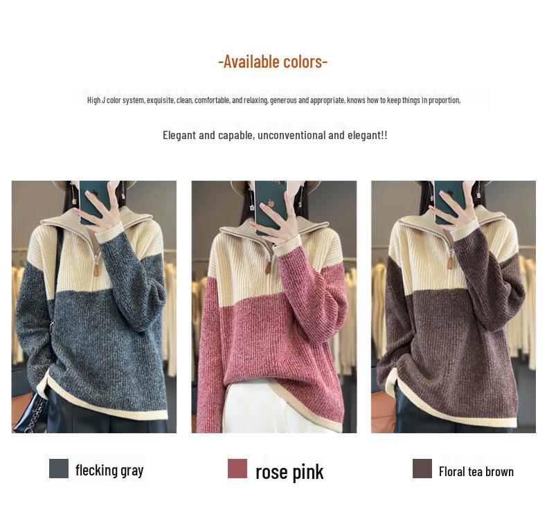 Women's High-Neck Color-Block Wool Pullover Sweater, Loose Fit Half-Zip for Autumn/Winter