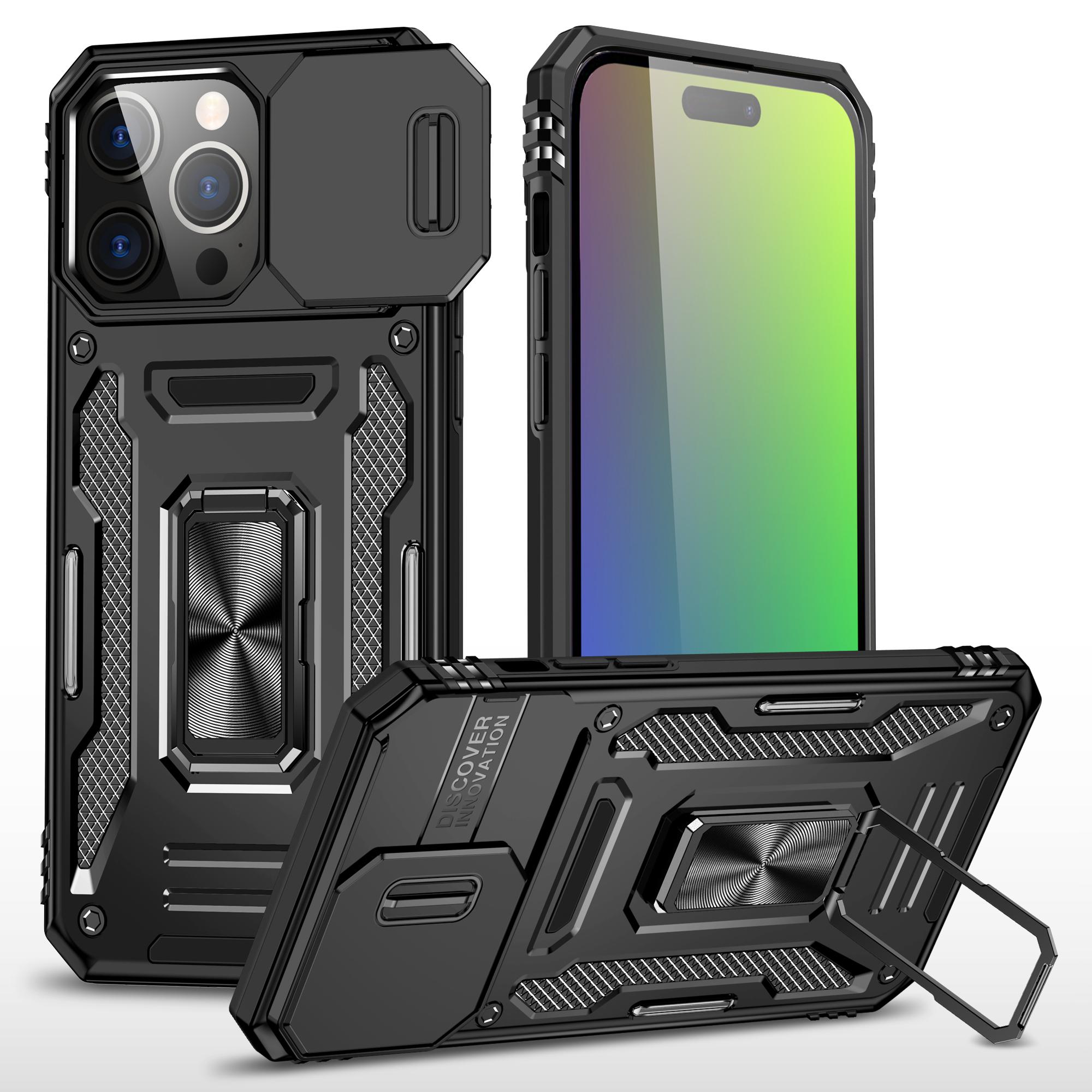 

Armor Series For iPhone 16 Pro Case Slide Lens Lid PC+TPU Anti-drop Kickstand Phone Cover Black