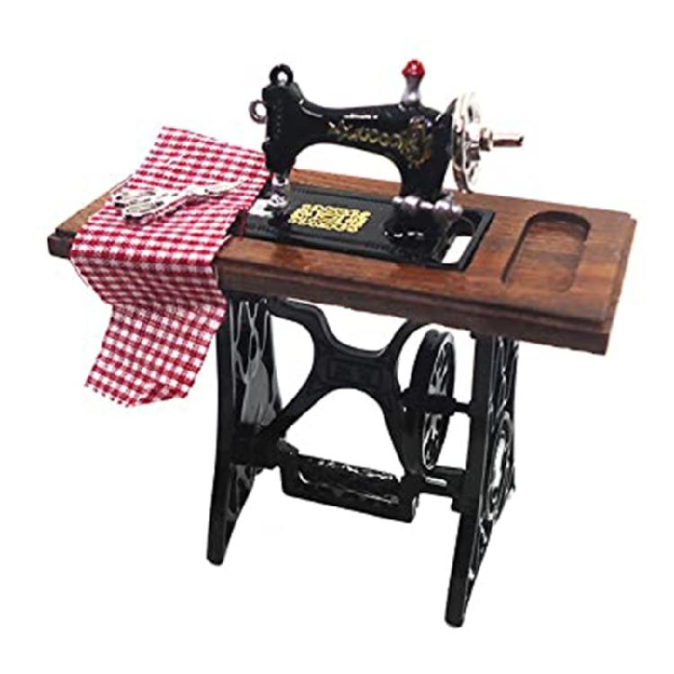 Wood Miniature Sewing Machine Set With Scissors And Fabric For Realistic Dollhouses Scene Display Decoration