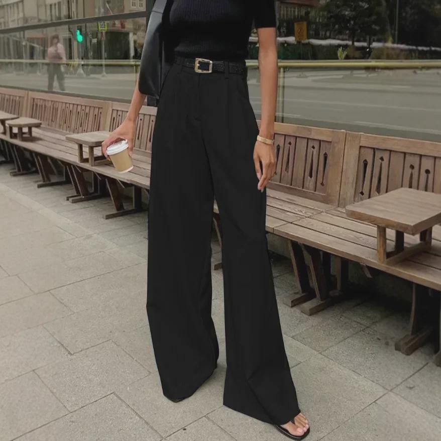 Women's High-Waisted White Commuter Pants: European & American Style, Versatile Casual, Loose Fit, Floor-Length Trousers.