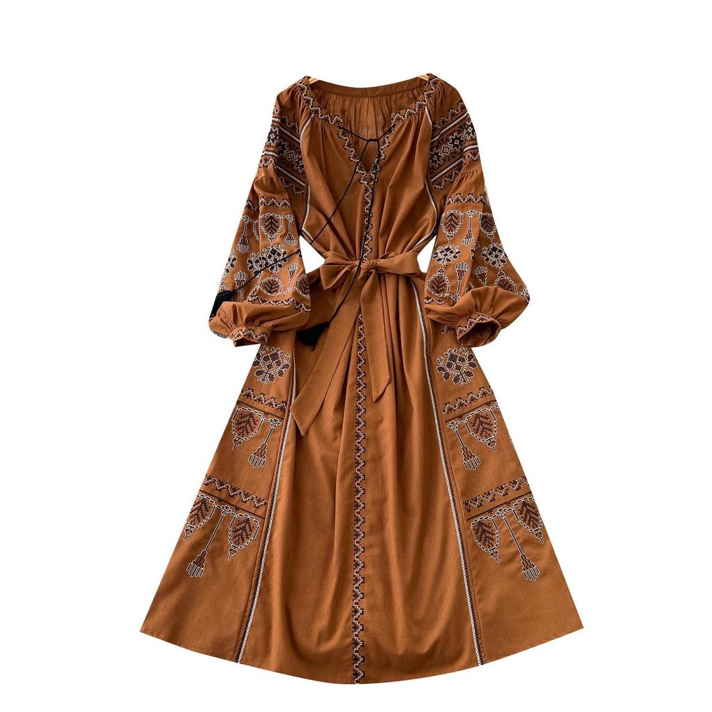 Bohemian Embroidered Lantern Sleeve Tie-Waist Dress for Women