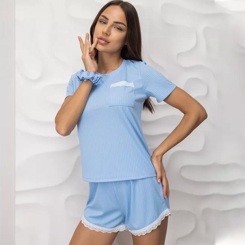 

летний однотонный женский пижамный комплект с кружевной отделкой, топ с коротким рукавом спереди и шорты, костюм из 2 предметов, одежда для сна, домашняя одежда S синий