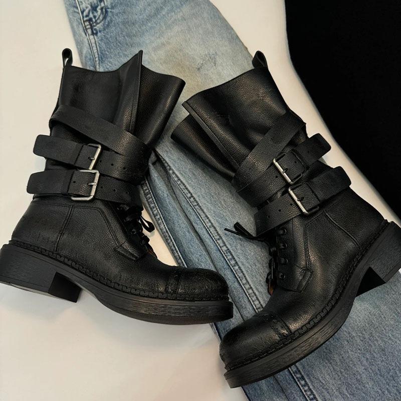 New high locomotive boots knight boots women's thick heel buckle thick-soled retro western cowboy boots long boots