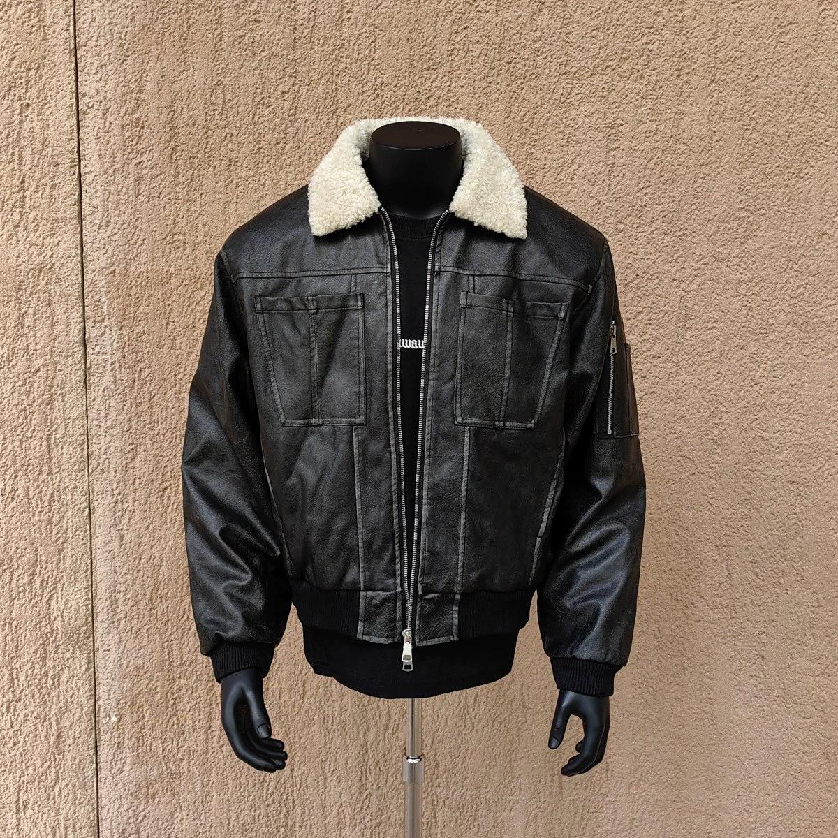 

Винтажная куртка из овчины, зимняя короткая утолщенная мотоциклетная куртка в ретро-стиле 2XL 170-95 kg чёрный