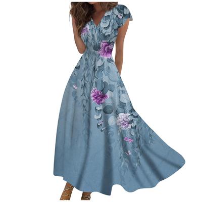 Langes Damenkleid, Maxikleid, Freizeitkleid, Chiffon-Kleider, Swing-Kleid, einfarbig, lässig, reif, Outdoor, Alltag, Date, gerüscht, kurzärmelig, V-Ausschnitt