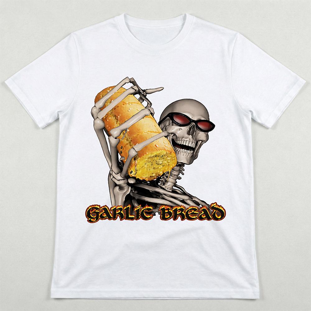 Garlic Bread Funny Meme Graphic T-Shirt Men's Women's Skull Pattern Print Tee Y2K Streetwear Fun Short-Sleeve Top