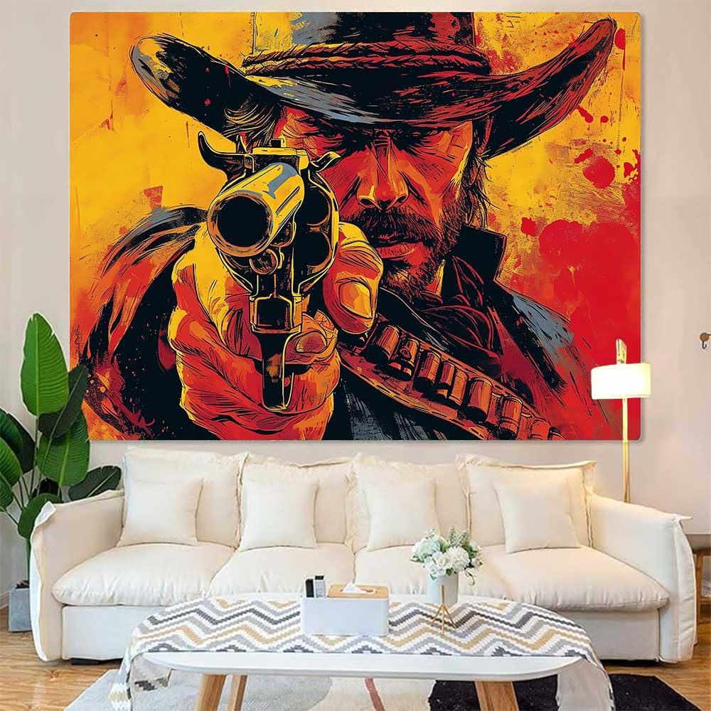 VIKAMA Western Gunslinger Tapestry Retro Oil Painting Style Living Room Wall Hanging Boys Bedroom Dormitory Decor