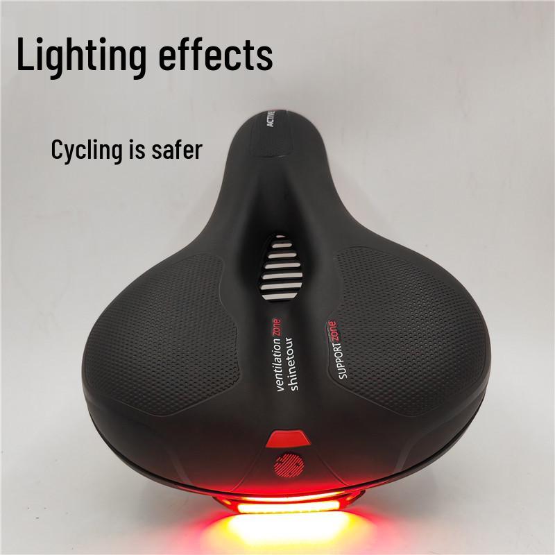 Mountain Bike Saddle with Center Hole, Cushion, USB Charging Tail Light Holder, Shock Absorbing Ball, and Lighted Seat Bag
