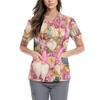 Women's Cute Bow Printed Work Clothes V-neck Double Layer Pockets Basic Short Sleeve Top Pullover