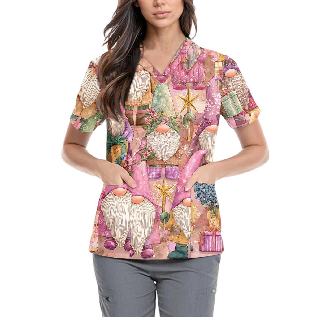 Women's Cute Bow Printed Work Clothes V-neck Double Layer Pockets Basic Short Sleeve Top Pullover