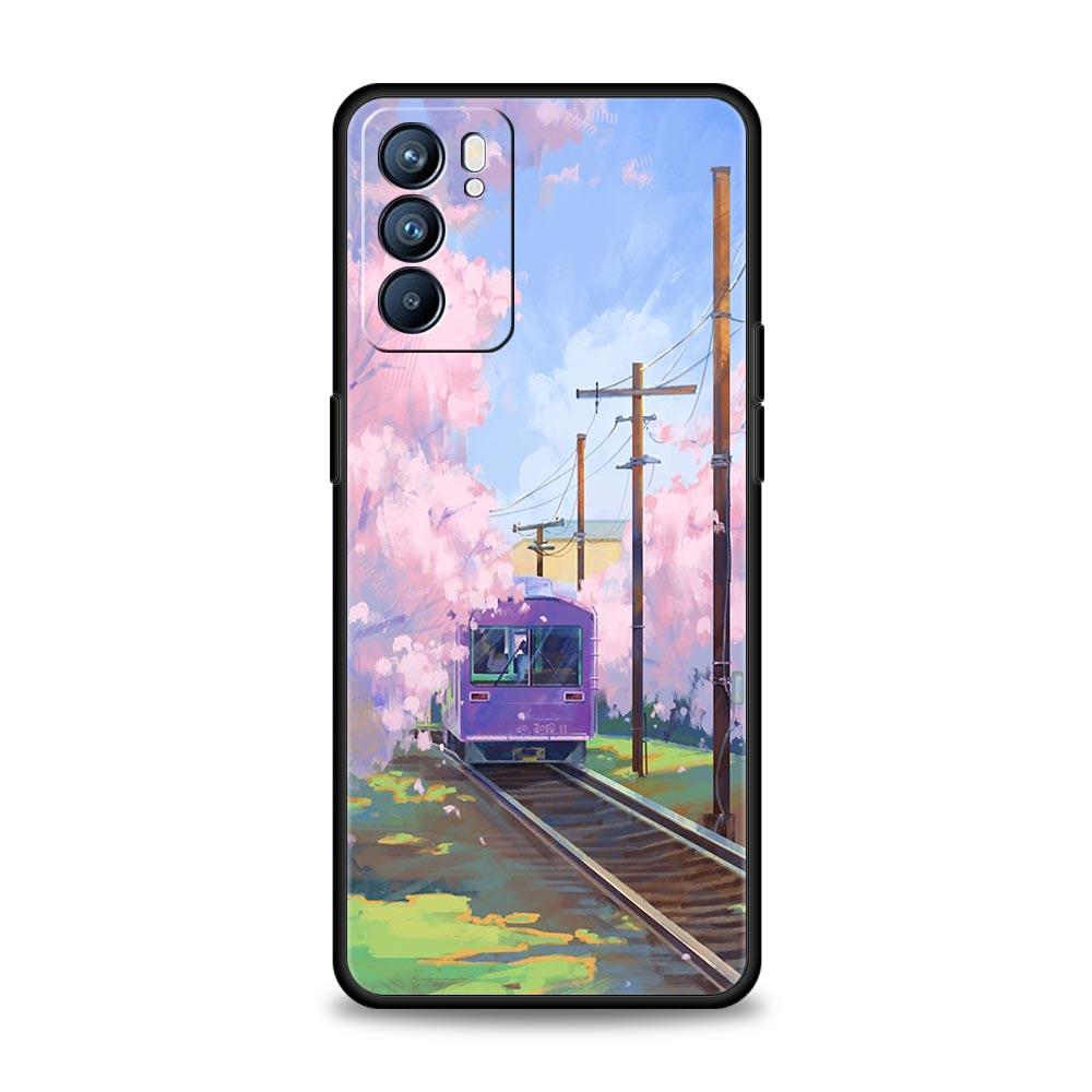 Cherry Japanese Traint Moun Fuji For Oppo Reno7 Reno6 Pro Plus A54 5G Case Find X6 X5 A53 A52 A9 A15 A95 A17 A16 A76 A74 Cover
