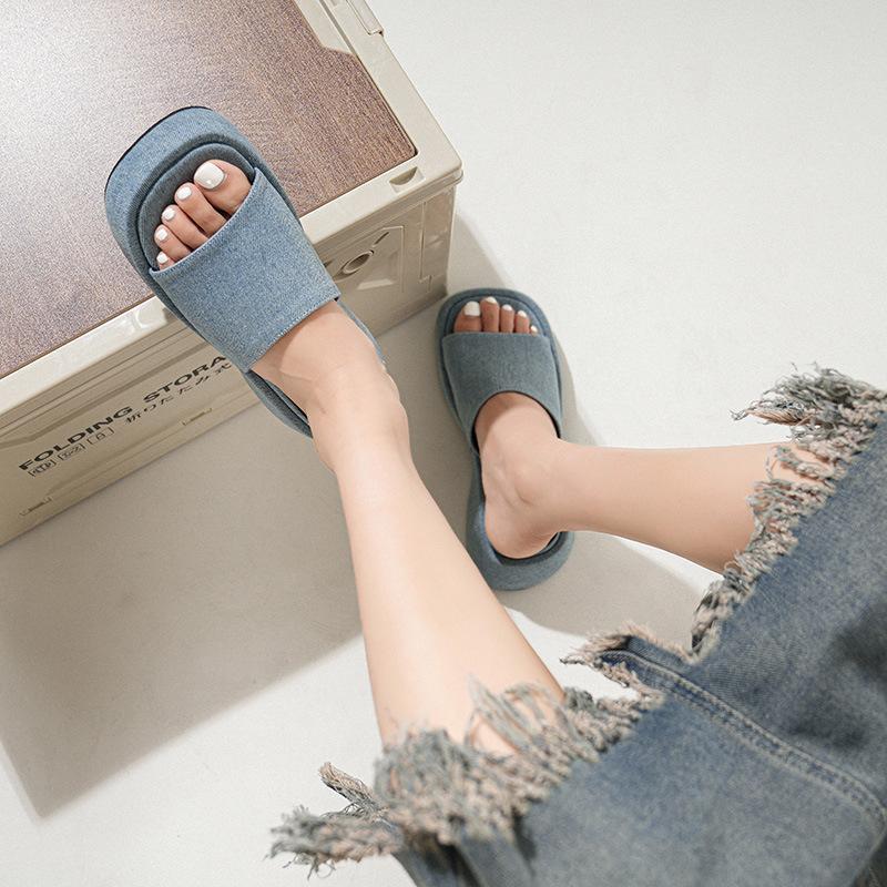 2025 New summer denim blue platform slippers women open toe thick high heels slides shoes female jeans flip flops sandalias