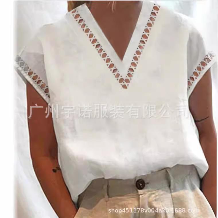 2023 Women's European & American Lace Hollow Cotton Linen V-Neck Shirt