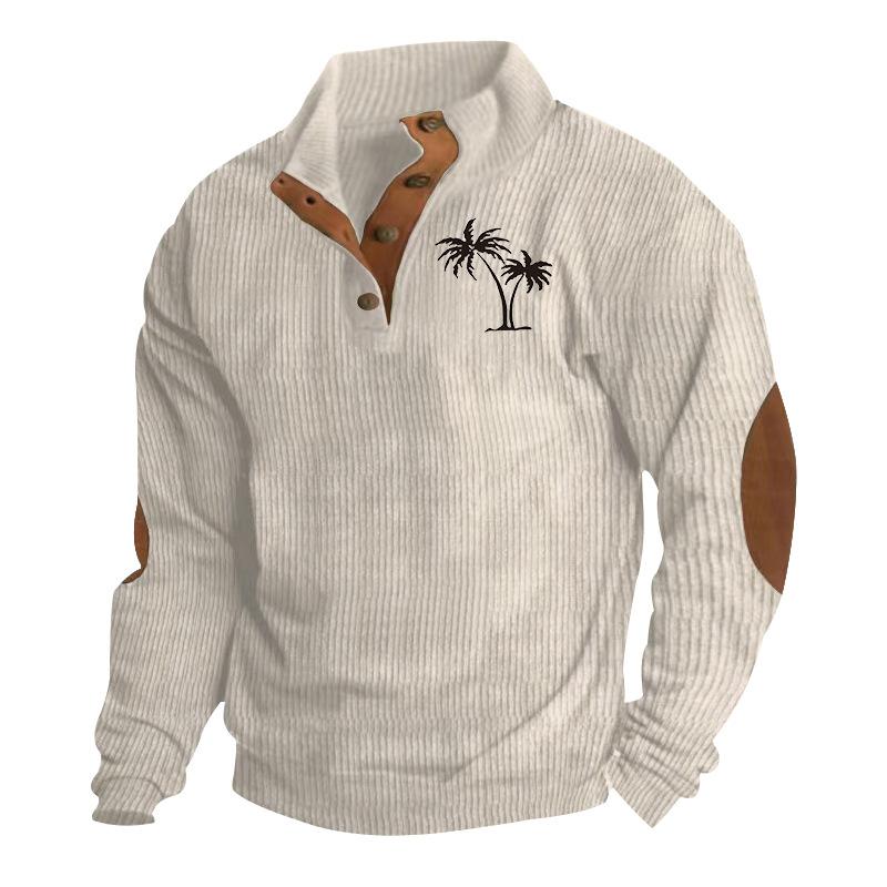 

Autumn/Winter Men s Coconut Tree Print Casual Stand-Up Collar Long-Sleeved T-Shirt with Ribbed Corduroy Hoodie 5XL